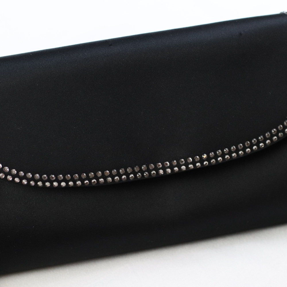 Classic black satin clutch with diamonties.